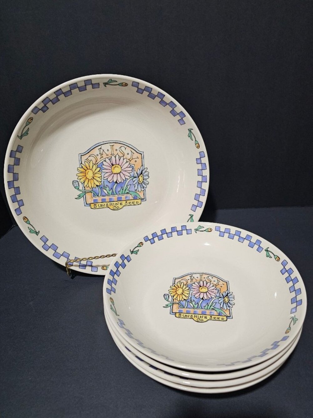 Gibson Sunshine Seeds Pasta Serving Bowls Set/ 5  Floral Design Blue Checkered